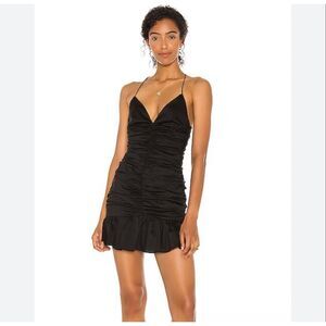 Lovers + Friends Shaya Dress Black Ruched mini tank V Neck Ruffle Short XS